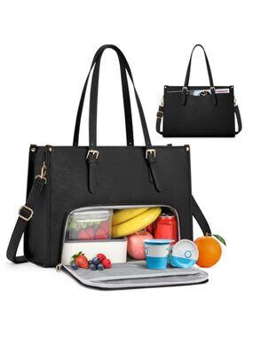 Waterproof PU Leather Laptop Tote 15.6 Inch Insulated Lunch Compartment Work Bag